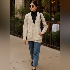Vintage White/Cream Chunky Pom Pom Knitted Cardigan Sweater